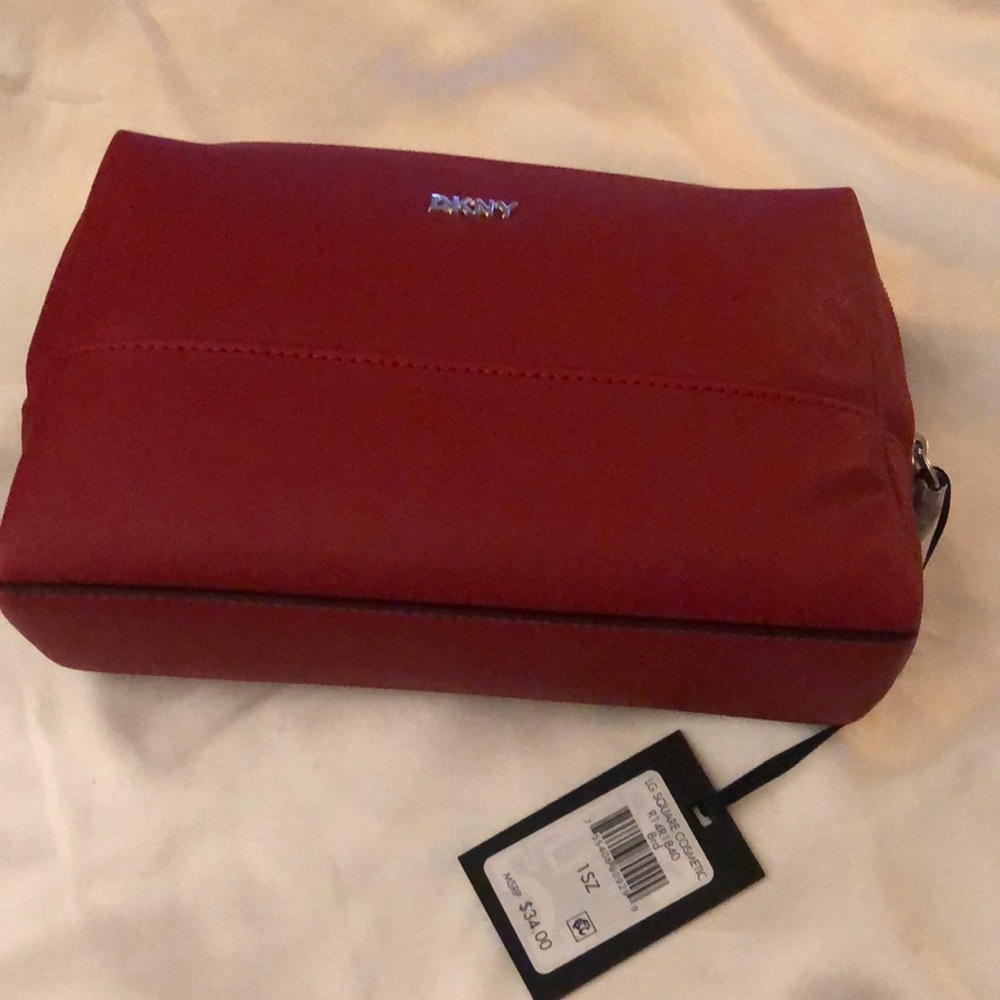 DKNY Red Synthetic Saffiano Large Square Cosmetic ZA Case Bag NWT